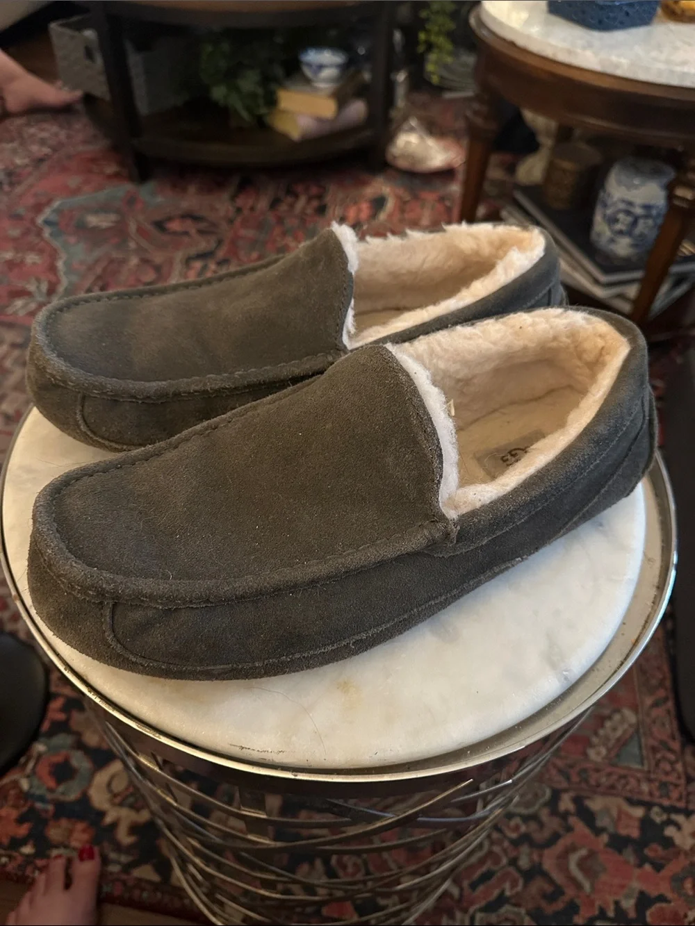 Men's UGG Suede Slip-On Moccasin Slippers in Dark Gray - Plush Lining